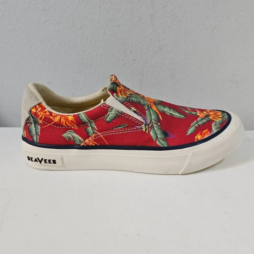 Seavees Womens Hawthorne Slip On Magnum Shoes Size 5 Red Hawaiian Bird‎ Poplin